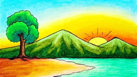 How To Draw Sunrise Scenery With Oil Pastel And Pencil Color Drawing