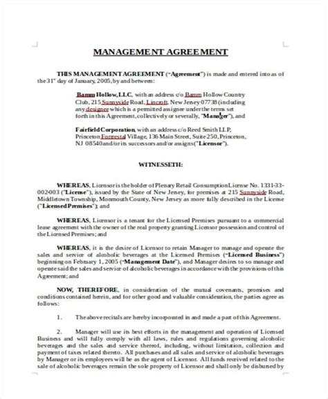 Business Management Agreement Template Free Printable Templates