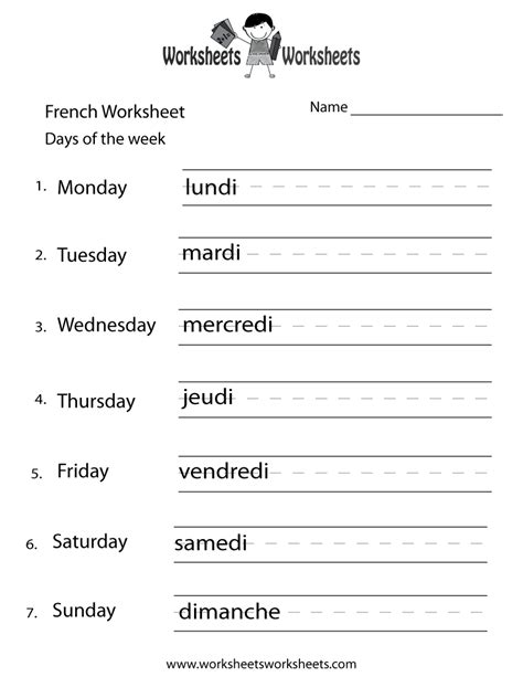 French Days of the Week Worksheet - Free Printable Educational Worksheet