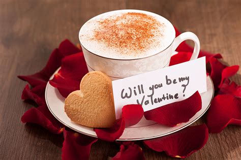 Image Valentines Day Heart Coffee Petals Cappuccino Cup Food