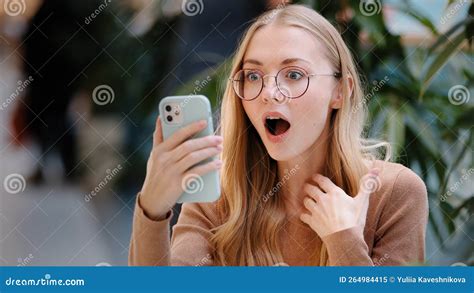 Portrait Caucasian Girl Blonde Successful Lucky Woman In Glasses Looks