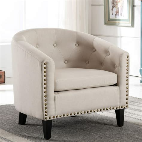 Modern Linen Fabric Accent Chair Tufted Wingback Barrel Chairs For