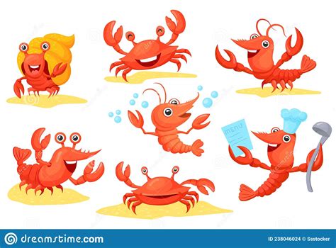 Cartoon Cute Crustaceans Prawns Shrimp Crab Prawn Lobster Crawfish