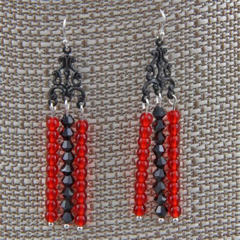 Chandelier Style Handmade Earrings In Red Black And Silver Etsy