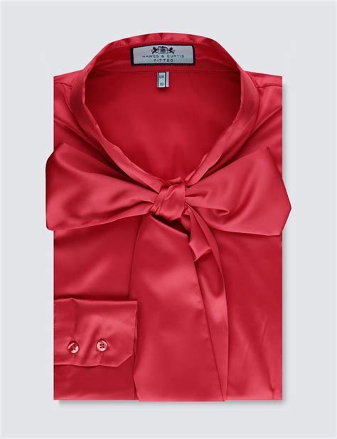 Womens Red Fitted Luxury Satin Blouse Pussy Bow Hawes And Curtis