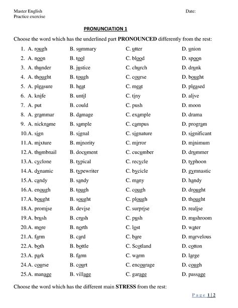 Pronunciation 1 Practice Exercise Master English Date Practice