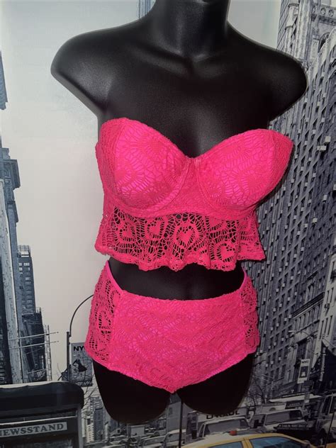Betsey Johnson Neon Pink Lace Crochet Swim Bikini 2pc Gem
