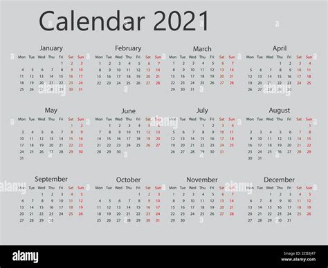 Calendario 2021 La Semana Comienza El Lunes Ilustración Vectorial