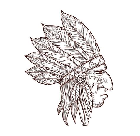 Indian Chief Head Sketch Tattoo Indigenous Culture Stock Vector