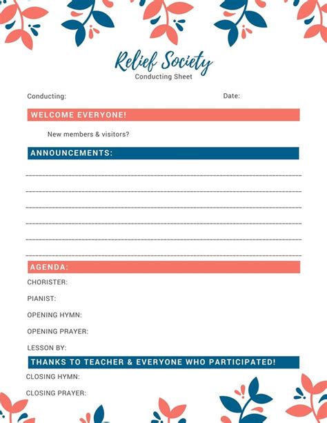 relief society conducting sheet template  printable