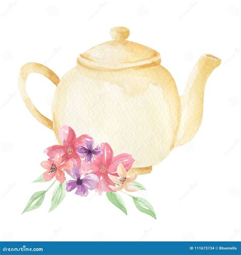 Tea Cup Teapot With Flowers Vintage Watercolor Design Stock Image