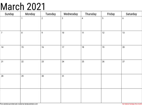 2021 March Calendars Handy Calendars