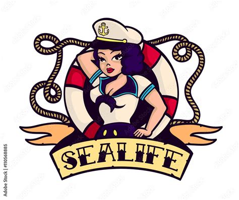 Sea Life Sexy Pinup Sailor Girl With Lifebuoy Cartoon Vector