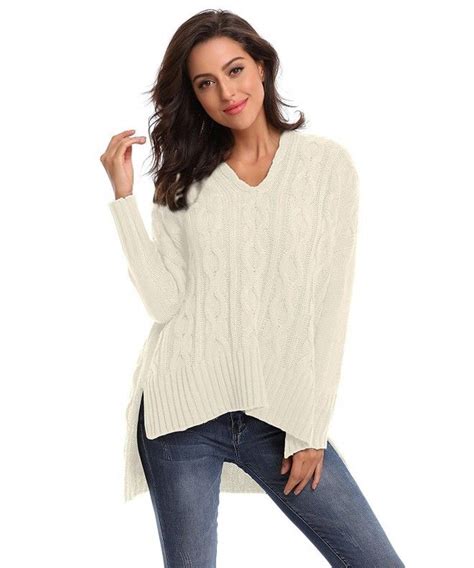 Womens Sweater Casual Long Sleeve V Neck Chunky Cable Knit Oversized Pullover Jumpers Beige