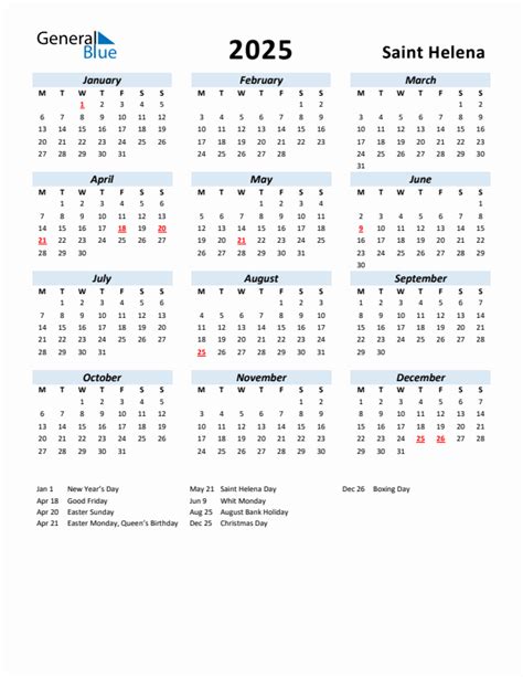 2025 Yearly Calendar For Saint Helena With Holidays