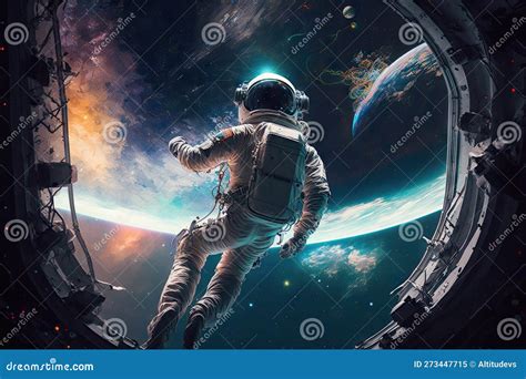Artistic Astronaut Floating In Zero Gravity Environment With View Of