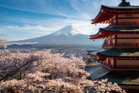 Monte Fuji En La Primavera Con Flores De Cerezo En Kawaguchiko