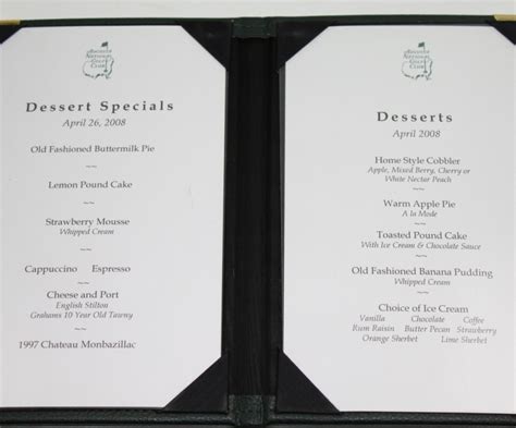 Lot Detail Lot Of Two Augusta National Golf Club 2008 Dessert Specials And Wine List Menus