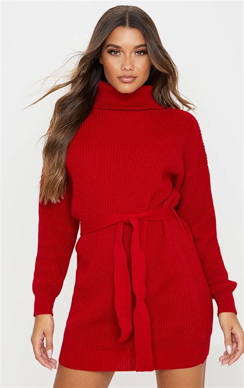 Red Belted Roll Neck Knitted Jumper Dress Prettylittlething Usa