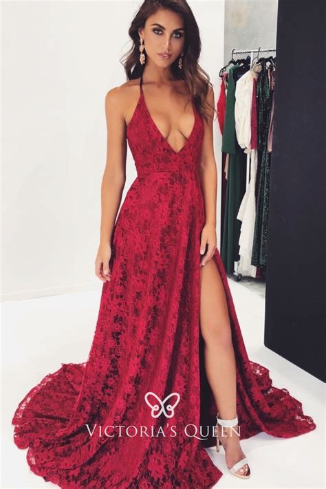 Sexy Plunging Neck Red Floral Lace Slit Long Prom Dress Vq