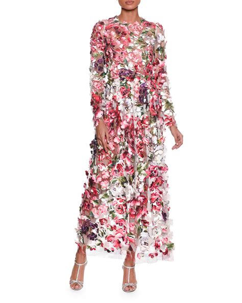 Dolce And Gabbana Long Sleeve Embroidered Rose Peony Petals On Chiffon