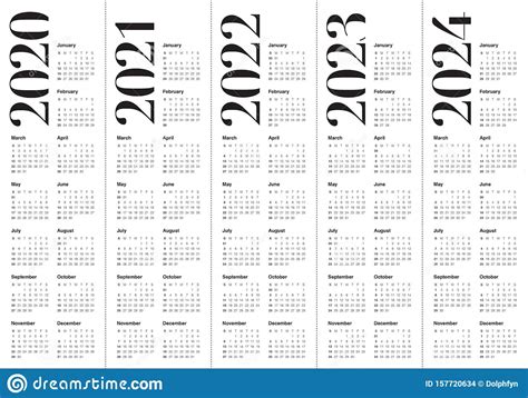 Year 2020 2021 2022 2023 2024 Calendar Vector Design Template Stock