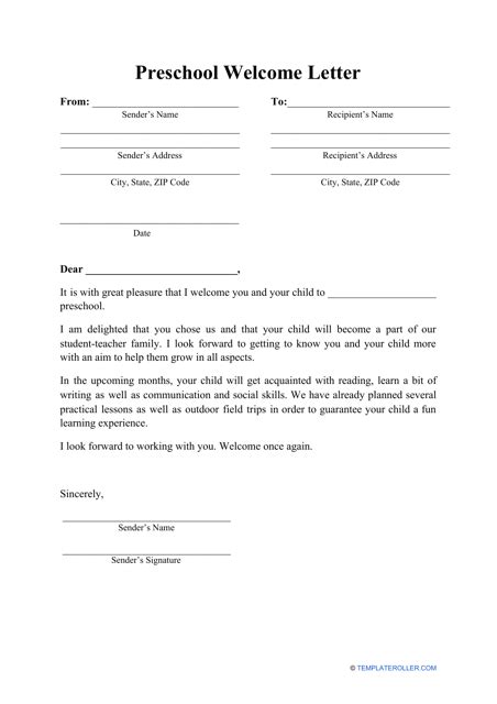 Preschool Welcome Letter Template Download Printable Pdf Templateroller