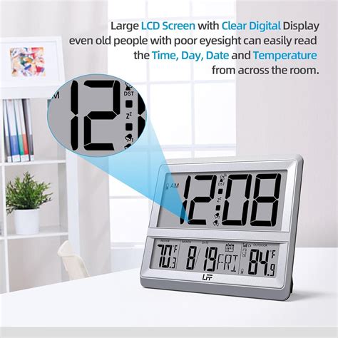 Lff Atomic Clock Large Display Digital Wall Clock With Indoor Outdoor Temperature And Date