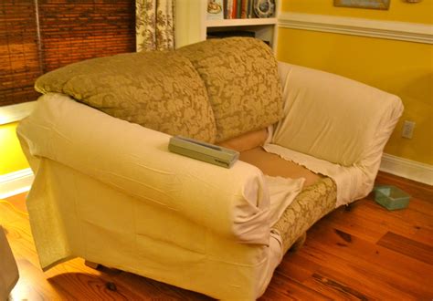 The multiple throws looked messy but then i had an idea to cover the sectional as attractively as possible with a no sew drop cloth slipcover. Sewing Sofa Slipcovers Tuck Pin Done No Sew Loveseat ...