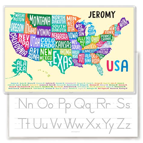 Usa States Names Map Personalized Kids Placemat Art Appeel