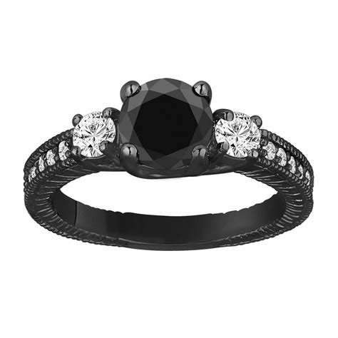 Black Diamond Three Stone Engagement Ring 142 Carat Vintage Style 14k