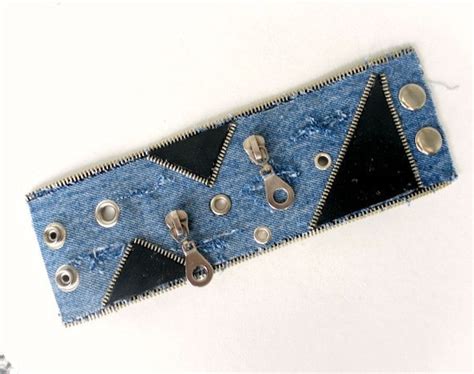 Cuff Denim Bracelet Recycled Blue Jeans Zipper And Black