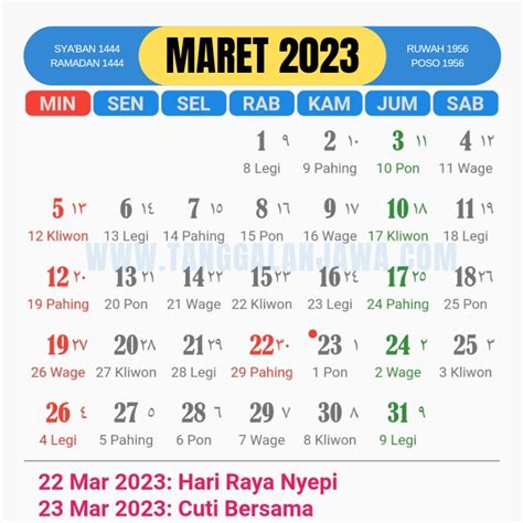 Kalender Jawa Maret 2023 Lengkap Dengan Weton Dan Tanggal Merah