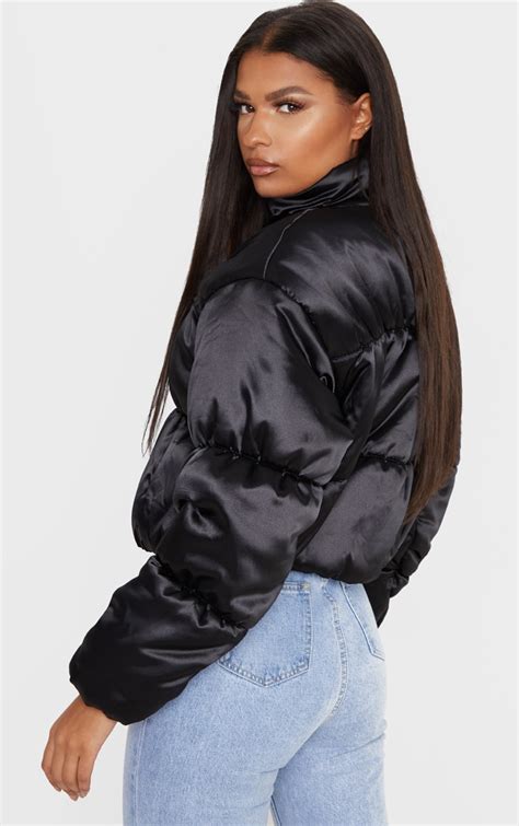 Black Satin Puffer Coats And Jackets Prettylittlething