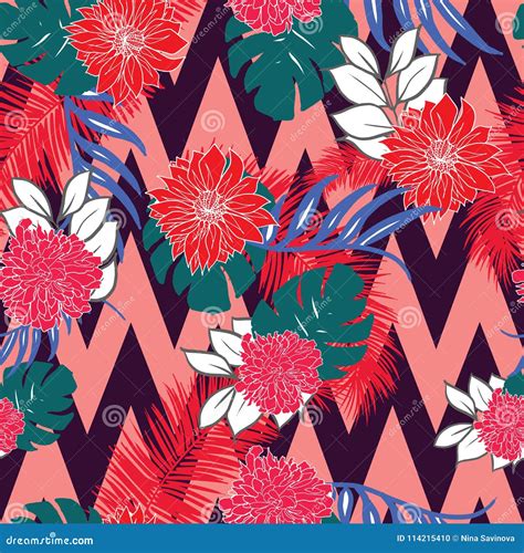 Bright And Colorful Hand Drawn Hawaiian Tropical Leaves Design Retro