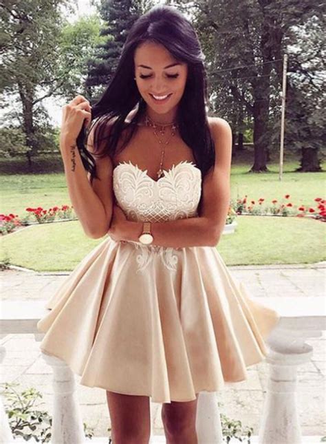 Champagne Lace Applique Short Prom Dress Cute Short Homecoming Dress Homecomingdres… Simple