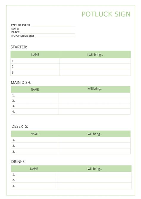 Printable Potluck Sign Up Sheet Template Printable Templates Images