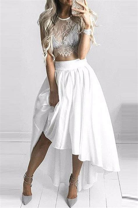 two pieces lace white short prom dress high low sexy evening dresses simidress