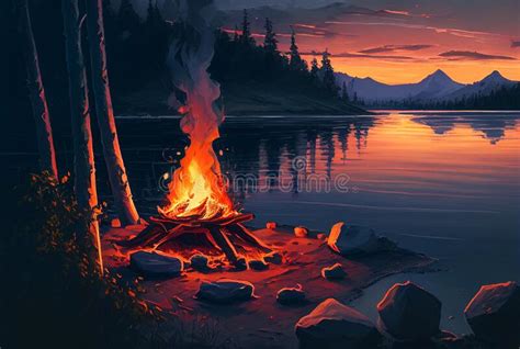 Sunrise Campfire Burning Near Mountain Lake Generative Ai Stock