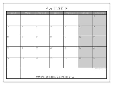 Calendrier Avril 2023 à Imprimer “50ld” Michel Zbinden Be