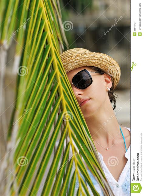 Woman In Sunglasses Near Palm Tree Royalty Free Stock
