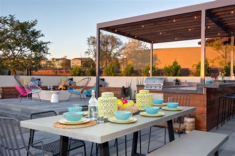 Outdoor bbq kitchens provide amazing space for all family members to gather in backyard patio. Bright dishware sets in Patio Contemporary with Outdoor Bbq Area next to Backyard Fire Pit Ideas ...
