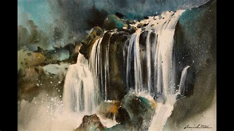 How To Paint Waterfall In Watercolor Painting Demo By Javid Youtube