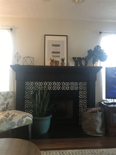 Black Fireplace Mantle Diy Painted Tile Surround Living Room Decor