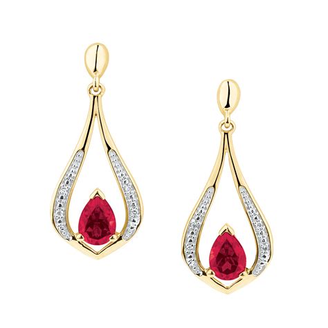 Drop Earrings With Created Ruby Diamonds In 10ct Yellow Gold