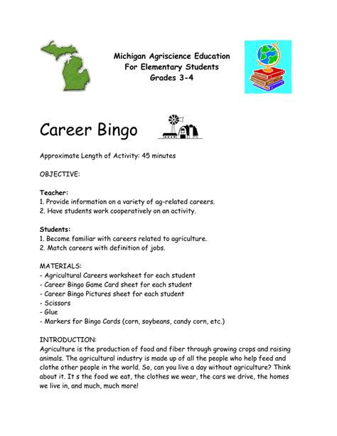 Career Bingo Michigan Agriscience Education For Elementary Students