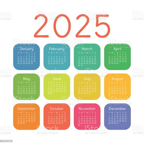 Vetores De Calendário 2025 Ano Inglês Colorido Vetor Quadrado Bolso Ou