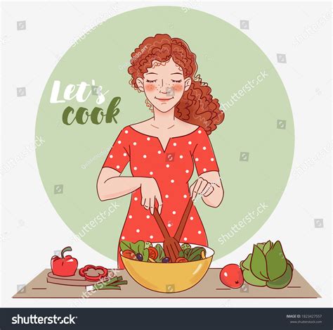 Young Woman Cooking Kitchen Healthy Food Stock Vector Royalty Free