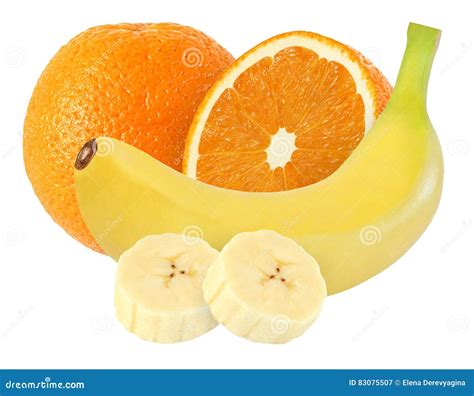 Whole And Peeled Banana And Orange Fruits Isolated On White With