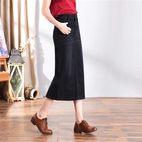 New Fashion Straight Skirts Women Plus Size Black Autumn Spring Empire Mid Calf Skirts Casual